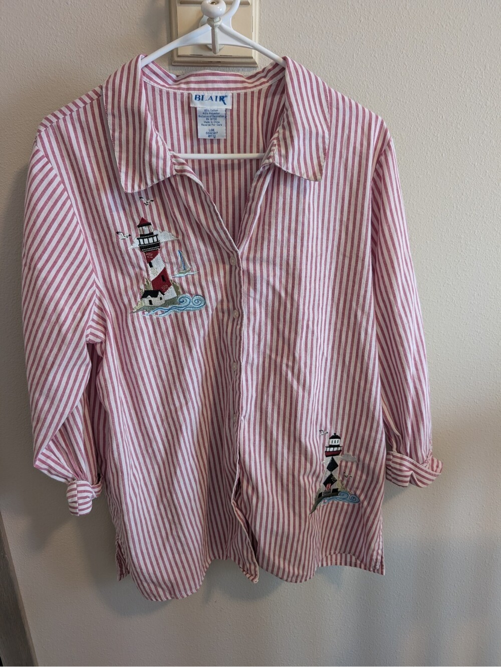 Blair Nautical Large Red and White Lighthouse Embroidered 3/4 Sleeve Button Top